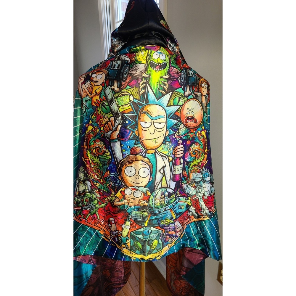 Rick And Morty Adult Poncho Unisex OSFA Hooded Trippy 2 SIDED Multicolor Silky